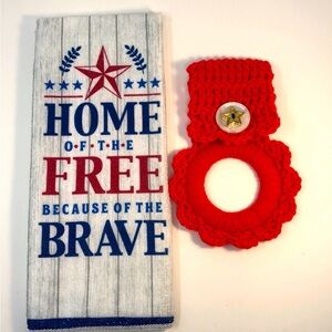 Patriotic kitchen towel with Red Crochet oven towel holder with Star Button